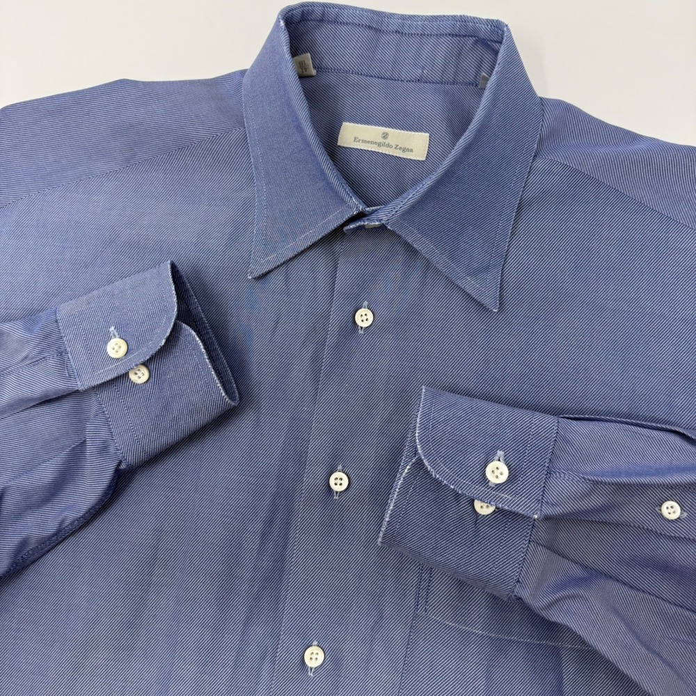 Ermenegildo Zegna Mens Blue Micro Stripe Button Down‎ Dress Shirt 16 41 FLAW